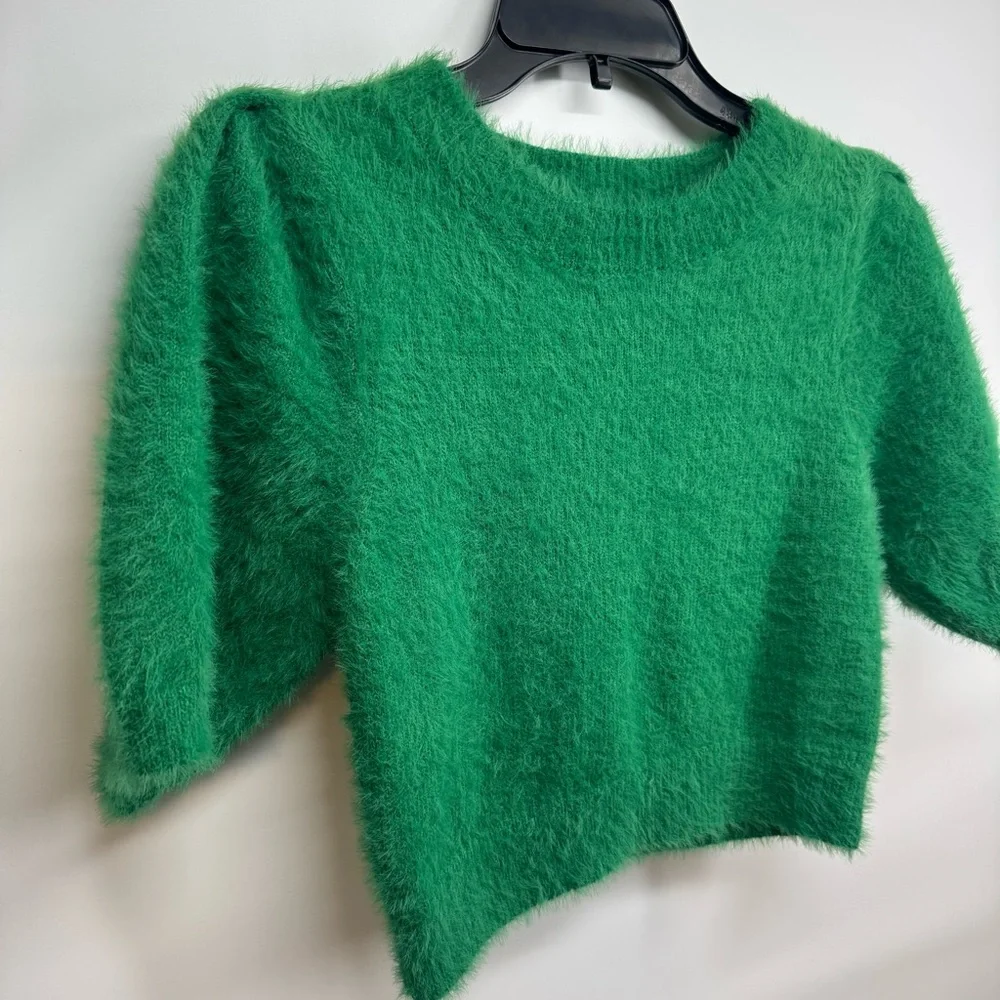 NEW Day + Moon Green Fuzzy Knit Crop Short Sleeve Sweater Womens Small - Picture 3 of 8